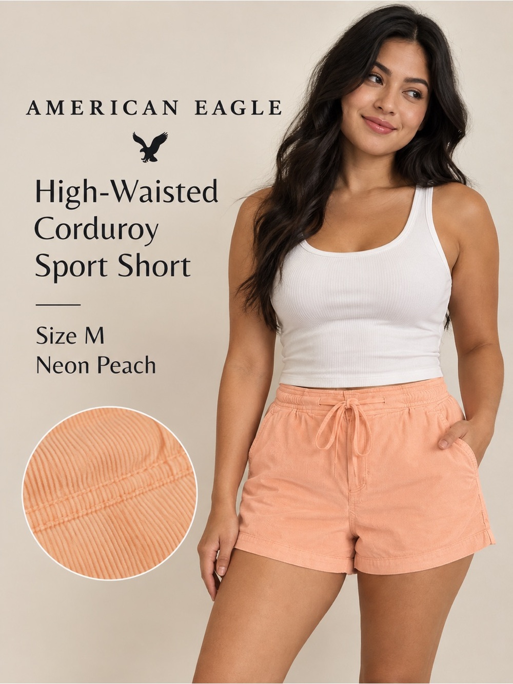 American Eagle High-Waisted Corduroy Sport Shorts Neon Peach Size M